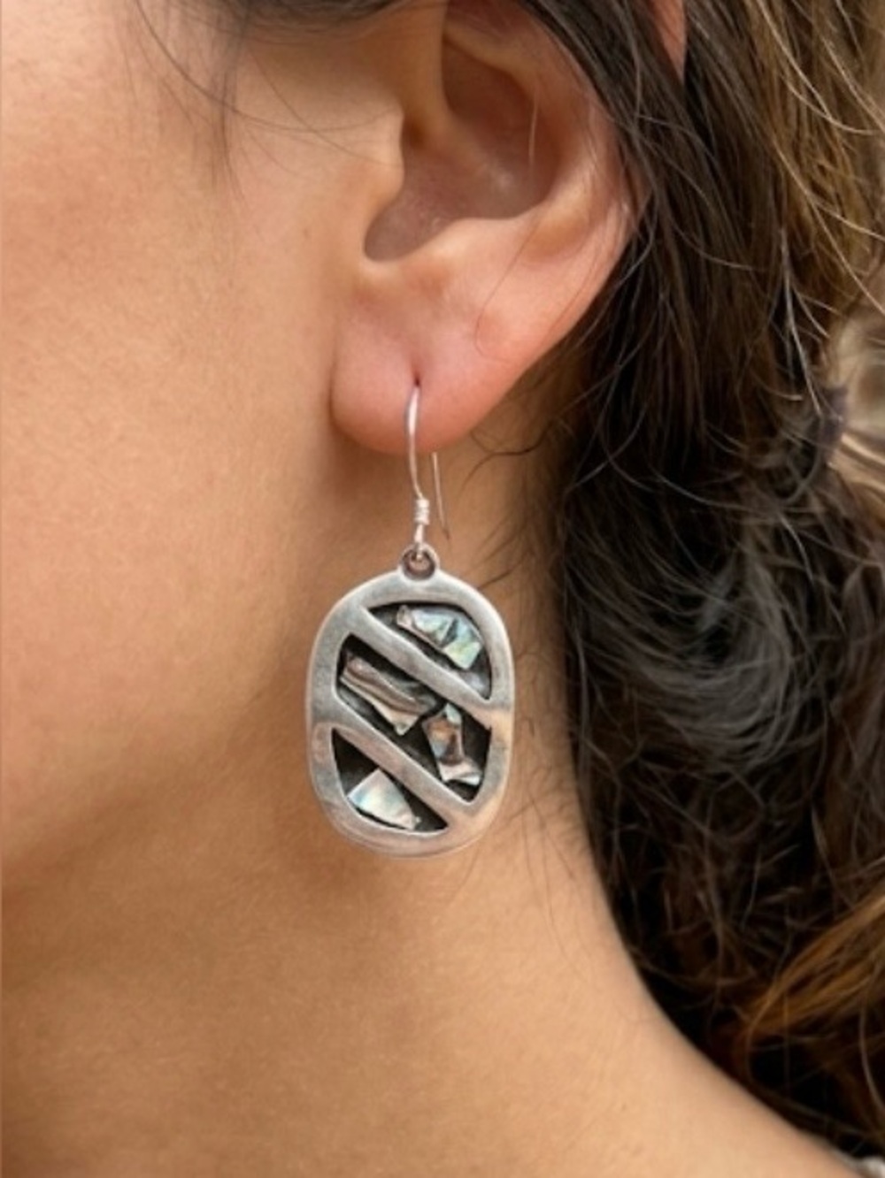 Vintage 925 Sterling Silver Taxco Abalone Shell Dangle Earrings TR-88 Mexico